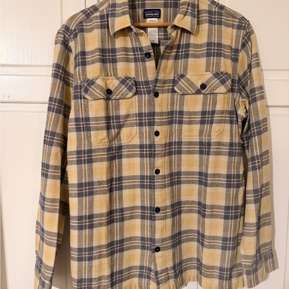 Patagonia Men's Plaid Flannel shirt, yellow and blue. Size medium